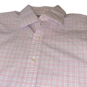 Thomas Pink Mens Classic Fit Dress Shirt 15.5/34 Pink Blue Plaid Long Sleeve